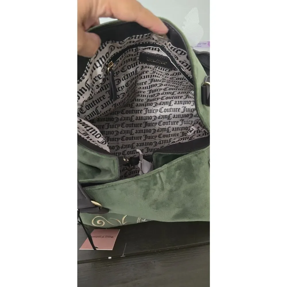 Juicy Couture Green Velour Crown Tote Bag Purse Shoulder Handbag Pom Pom NWT